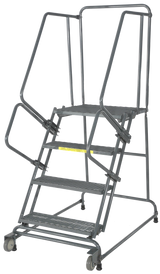 Tilt & Roll Ladders, 4 Step, 30 in Wide Base, 21 in Deep Top Step, Expanded Metal Tread, Setup
