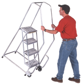 Aluminum Tilt and Roll Ladder, 7 Step, 30" Wide Base, 10" Deep Top Step, Serrated Tread, Setup