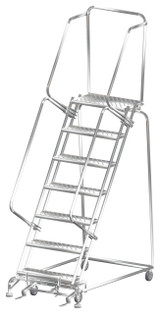 Stainless Steel Ladders, 7 Step, 32 In Wide Base, 14 in Deep Top Step, Perforated Tread