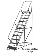 Weight Actuated 50 Degree Slope Walk Down Ladders, Weight Actuated, 50° Incline, 11 Step, 32 In Wide Base, 21 in Deep Top Step, Perforated Tread