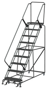 50 Degree Slope Walk Down Ladders, 50° Incline, 9 Step, 32 In Wide Base, 14 in Deep Top Step, Expanded Metal Tread, Setup