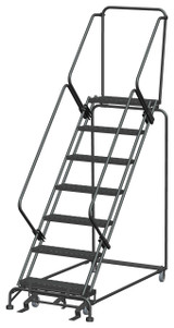 50 Degree Slope Walk Down Ladders, 50° Incline, 7 Step, 32 In Wide Base, 14 in Deep Top Step, Expanded Metal Tread
