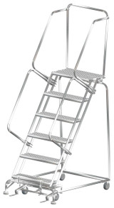 Stainless Steel Ladders, 6 Step, 32 In Wide Base, 14 in Deep Top Step, Serrated Tread, Setup