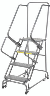 Spring Loaded Caster Ladders, 4 Step, 20 In Wide Base, 14 in Deep Top Step, Serrated Tread, Setup