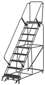 50 Degree Slope Walk Down Ladders, 50° Incline, 9 Step, 32 In Wide Base, 14 in Deep Top Step, Perforated Tread
