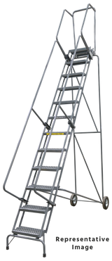 Fold-N-Store Ladders, 10 Step, 30 In Wide Base, 14 Deep Top Step, Abrasive Mat Tread
