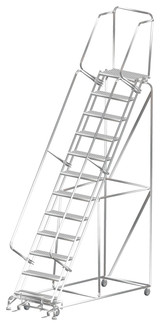 Stainless Steel Ladders, 12 Step, 32 In Wide Base, 14 in Deep Top Step, Serrated Tread, Setup
