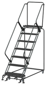 50 Degree Slope Walk Down Ladders, 7 Step, 32 In Wide Base, 14 in Deep Top Step, Serrated Tread, Setup