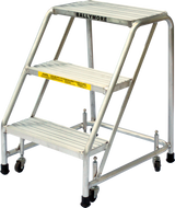 Aluminum Ladder, 3 Step, No Rails, 30" Wide Base, 10" Deep Top Step, Serrated Tread, Setup