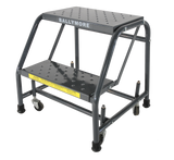Spring Loaded Caster Ladders, 2 Step, No Rails 30" Wide Base, 10" Deep Top Step, Serrated Tread, Setup