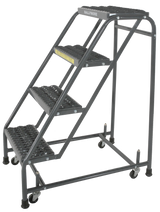 Spring Loaded Caster Ladders, 4 Step, No Rails 30" Wide Base, 10" Deep Top Step, Serrated Tread, Setup
