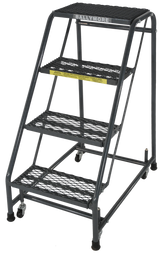 Ballymore Safety Products Spring Loaded Caster Ladders, 4 Step, No Rails 20" Wide Base, 10" Deep Top Step, Expanded Metal Tread, Setup 