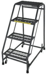 Ballymore Safety Products Spring Loaded Caster Ladders, 4 Step, No Rails 30" Wide Base, 10" Deep Top Step, Expanded Metal Tread 