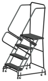 Ballymore Safety Products Spring Loaded Caster Ladders, 4 Step, 30" Wide Base, 21" Deep Top Step, Serrated Tread, Setup 