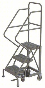 Tri-Arc KD 3 Step Easy Climb Rolling Ladder: 30 In Platform Height, 17 In Platform Deep, 16 In Platform Wide, Serrated, 27 In Bottom Wide 