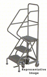 Tri-Arc KD 3 Step Easy Climb Rolling Ladder: 30 In Platform Height, 17 In Platform Deep, 16 In Platform Wide, Serrated, 27 In Bottom Wide 