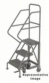 Tri-Arc KD 3 Step Easy Climb Rolling Ladder: 30 In Platform Height, 17 In Platform Deep, 16 In Platform Wide, Serrated, 27 In Bottom Wide 