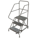Tri-Arc KD 3 Step Easy Climb Rolling Ladder: 30 In Platform Height, 17 In Platform Deep, 24 In Platform Wide, Serrated, 35 In Bottom Wide 