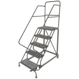 Tri-Arc KD 5 Step Easy Climb Rolling Ladder: 50 In Platform Height, 17 In Platform Deep, 24 In Platform Wide, Serrated, 35 In Bottom Wide 