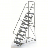 Tri-Arc KD 9 Step Steel Heavy Duty Rolling Ladder: 90 In Platform Height, 10 In Platform Deep, 24 In Platform Wide, Serrated, 35 In Bottom Wide 