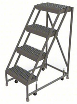 Tri-Arc Kd 4 Step Steel Rolling Ladder: 40" Platform Height, 10" Platform Deep, 16" Platform Wide, Serrated, 24" Bottom Wide, No Rails 