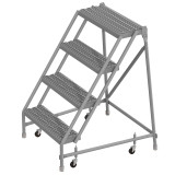 Tri-Arc Kd 4 Step Steel Rolling Ladder: 40" Platform Height, 10" Platform Deep, 24" Platform Wide, Serrated, 30" Bottom Wide, No Rails 