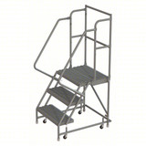 Tri-Arc KD 3 Step Steel Rolling Ladder: 30 In Platform Height, 20 In Platform Deep, 16 In Platform Wide, Serrated, 24 In Bottom Wide 