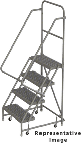 Tri-Arc Kd 4 Step Steel Rolling Ladder: 40" Platform Height, 10" Platform Deep, 16" Platform Wide, Perforated, 24" Bottom Wide 
