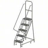 Tri-Arc KD 5 Step Steel Rolling Ladder: 50 In Platform Height, 10 In Platform Deep, 16 In Platform Wide, Serrated, 24 In Bottom Wide 