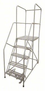 Tri-Arc KD 5 Step Steel Rolling Ladder: 50 In Platform Height, 30 In Platform Deep, 24 In Platform Wide, Perforated, 30 In Bottom Wide 