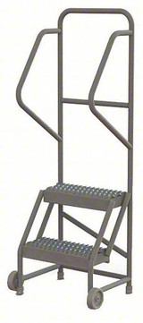 Tri-Arc 2-Step Tilt and Roll Industrial and Warehouse Steel Ladder with Grip Strut Tread, 16-Inch Wide Steps 