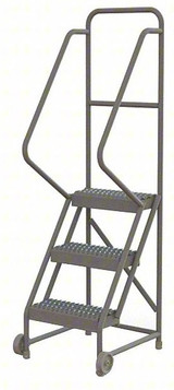 Tri-Arc 3-Step Tilt and Roll Industrial and Warehouse Steel Ladder with Grip Strut Tread, 16-Inch Wide Steps 