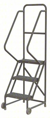 Tri-Arc 3-Step Tilt and Roll Industrial and Warehouse Steel Ladder with Perforated Tread, 16-Inch Wide Steps 