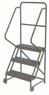 Tri-Arc 3-Step Tilt and Roll Industrial and Warehouse Steel Ladder With Grip Strut Tread, 24" Wide Steps 