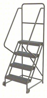 Tri-Arc 4-Step Tilt and Roll Industrial and Warehouse Steel Ladder With Grip Strut Tread, 24" Wide Steps 