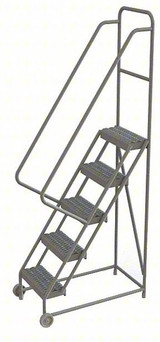 Tri-Arc 5-Step Tilt and Roll Industrial and Warehouse Steel Ladder with Grip Strut Tread, 16-Inch Wide Steps 