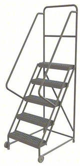 Tri-Arc 5-Step Tilt and Roll Industrial and Warehouse Steel Ladder With Grip Strut Tread, 24" Wide Steps 