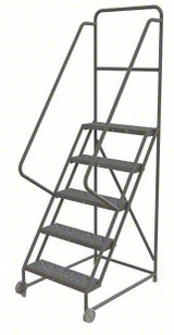 Tri-Arc 5-Step Tilt and Roll Industrial and Warehouse Steel Ladder With Perforated Tread, 24" Wide Steps 