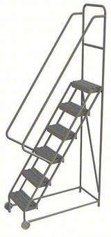 Tri-Arc 6-Step Tilt and Roll Industrial and Warehouse Steel Ladder with Grip Strut Tread, 16-Inch Wide Steps 
