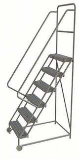 Tri-Arc 6-Step Tilt and Roll Industrial and Warehouse Steel Ladder With Grip Strut Tread, 24" Wide Steps 