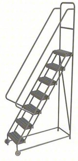 Tri-Arc 7-Step Tilt and Roll Industrial and Warehouse Steel Ladder with Grip Strut Tread, 16-Inch Wide Steps 