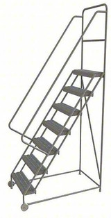 Tri-Arc 7-Step Tilt and Roll Industrial and Warehouse Steel Ladder With Grip Strut Tread, 24" Wide Steps 