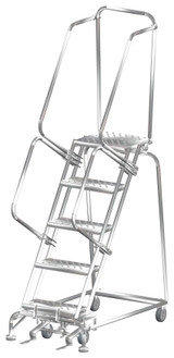 Ballymore Safety Products Stainless Steel Ladders, 5 Step, 24 In Wide Base, 14 in Deep Top Step, Serrated Tread, Setup 