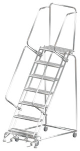 Ballymore Safety Products Stainless Steel Ladders, 7 Step, 32 In Wide Base, 14 in Deep Top Step, Serrated Tread, Setup 