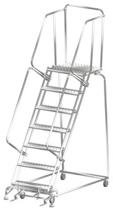 Ballymore Safety Products Stainless Steel Ladders, 7 Step, 32 In Wide Base, 28 in Deep Top Step, Serrated Tread, Setup 