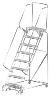 Ballymore Safety Products Stainless Steel Ladders, 8 Step, 32 In Wide Base, 14 in Deep Top Step, Serrated Tread, Setup 
