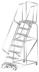 Ballymore Safety Products Stainless Steel Ladders, 8 Step, 32 In Wide Base, 21 in Deep Top Step, Serrated Tread, Setup 