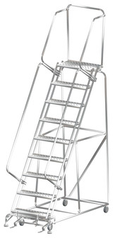 Ballymore Safety Products Stainless Steel Ladders, 9 Step, 32 In Wide Base, 14 in Deep Top Step, Perforated Tread, Setup 