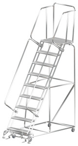 Ballymore Safety Products Stainless Steel Ladders, 9 Step, 32 In Wide Base, 21 in Deep Top Step, Serrated Tread, Setup 