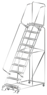Ballymore Safety Products Stainless Steel Ladders, 10 Step, 32 In Wide Base, 14 in Deep Top Step, Serrated Tread, Setup 